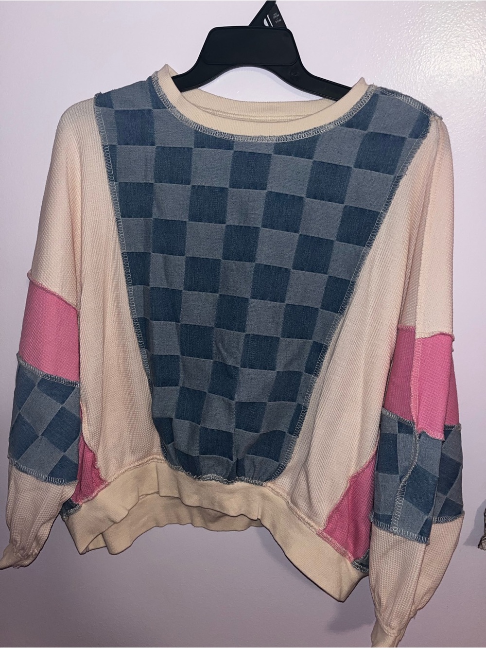 Women's Patchwork Check Sweater - Cream, Denim Blue & Pink